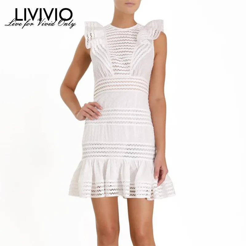 

[LIVIVIO] Ruffle Hollow Out Dress Women O Neck Sleeveless High Waist Mini Dresses Female Korean Casual Fashion 2019 Fashion