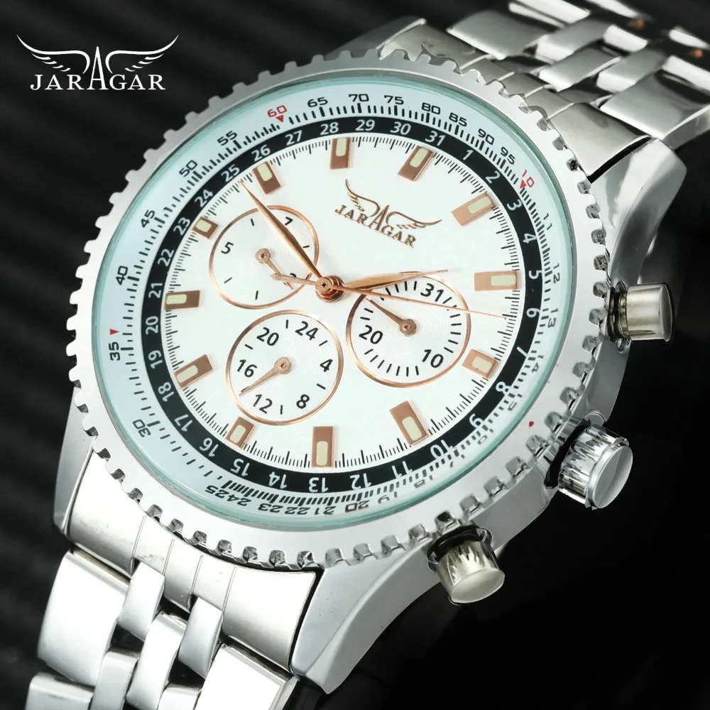 

JARAGAR Military Mens Watches Top Brand Luxury Auto Mechanical Chronograph 3 Dials 6 Hands Metal Strap Fashion Dress Wristwatch