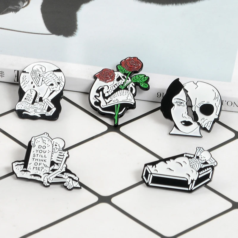 

Skeleton Pins Tombstone Coffin Rose Women Human face Skull Dead Lovers Brooches Enamel pin Punk Badges for friends lovers Gift