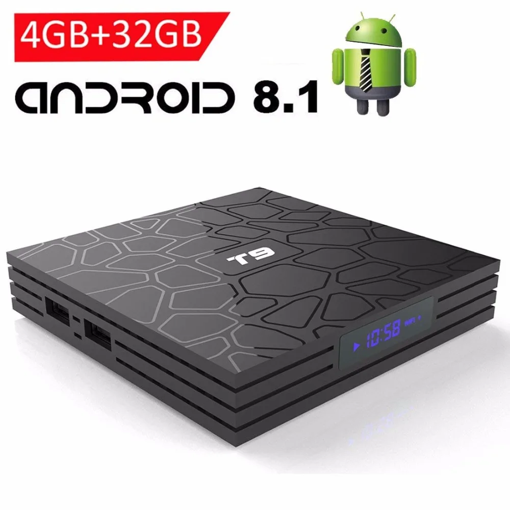 2018 T9 4 ГБ 64 ГБ RK3328 4 ядра Smart Android 8,1 ТВ коробка Bluetooth4.0 H2.65 4 К 2,4 ГГц/5 ГГц WI-FI телеприставки Media Player