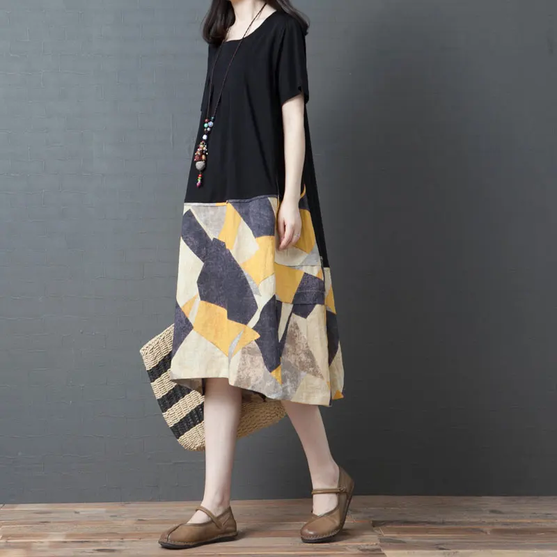 

F&je Korea Style Summer Women Dress Plus Size Short Sleeve Loose Patchwork Geometric Linen Dress Female Vintage Long Dress Y8833