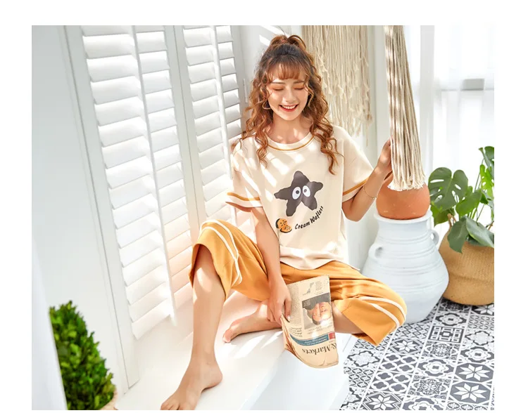Лето 2019 хлопок пижамы костюм мультфильм повседневные Женщины с коротким рукавом шорты 2 шт. сладкий лук кружева Письмо печати пижамы