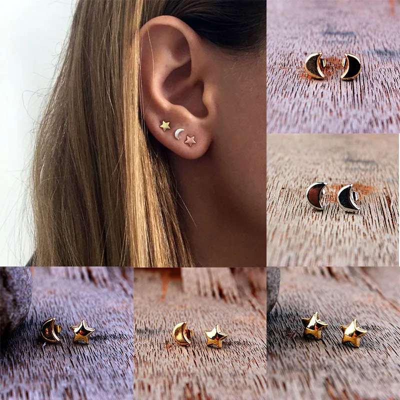 

Trendy Simple Silver Matal Star Moon Stud Earrings Gold-color Heart Star Para Earrings for Women Girls Boho Jewelry Brincos