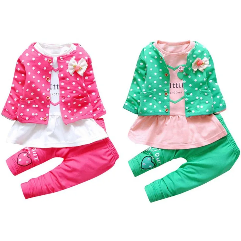 2 Colors Lovely Kids Baby Girls Outfit Clothes Dot Bowknot Cardigan Coat+T shirt+Long Pants 1Set drop shipped ST28|girls outfits|baby girl outfitclothes girls - AliExpress