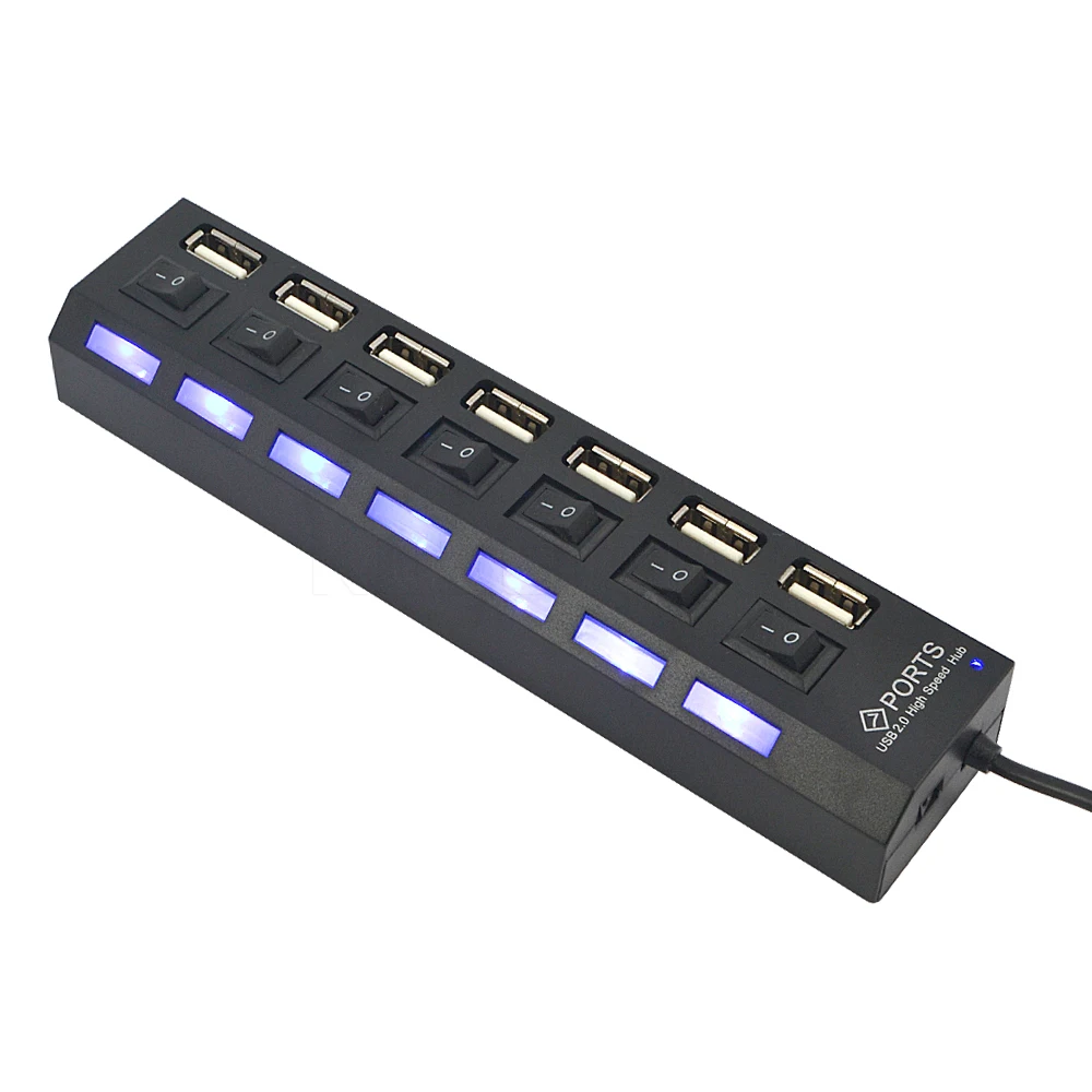 

7 PORT USB 2.0 HUB High Speed Power Cable with LED Light Indicator ON/OFF Sharing Switch Adapter For PC Desktop Laptop Wholesale