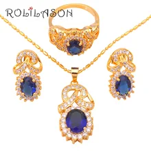 Delicado Anillo de Oro Pendiente Del Collar Del Zircon Joyería Conjunto Austríaco Cristal Azul Anillo Sz #8 #7 #9 JS431