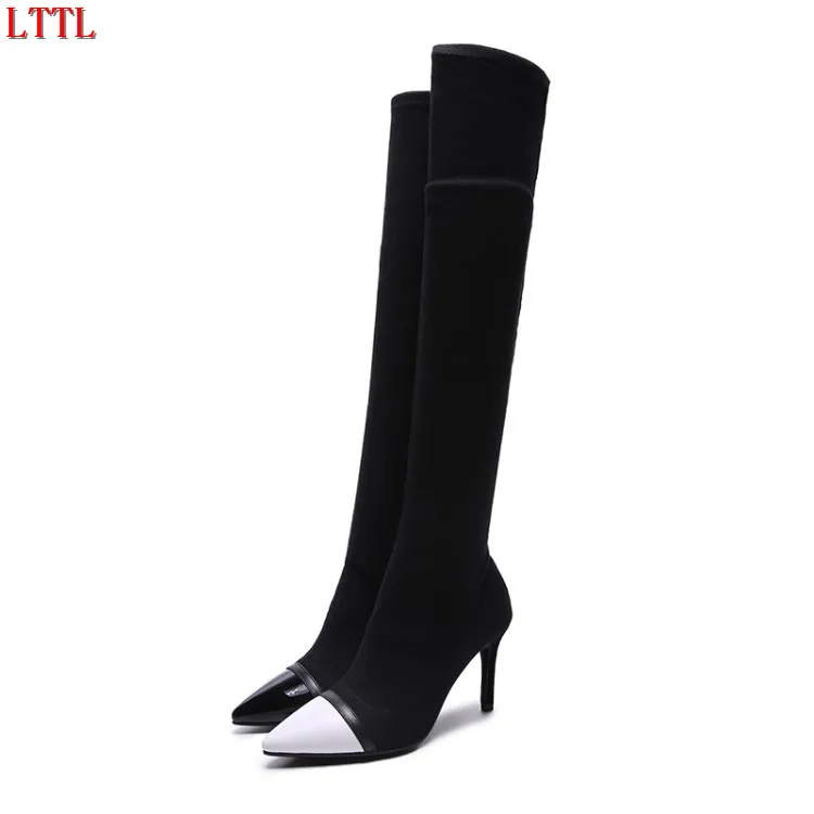 

2017 Autumn winter Leather Socks Boots Women slim stretch knitted over the knee Boots thin high Heels Pumps botas mujer