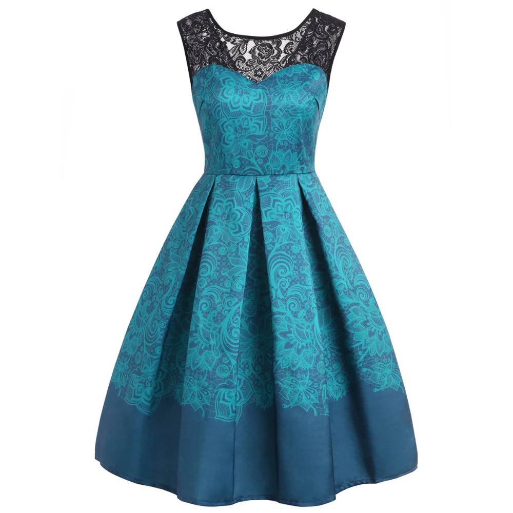 

Floral Print Lace Patchwork Vintage Dress Summer Women Sleeveless Tea Party Dresses A-Line Casual 50s Swing Retro Dress Vestidos