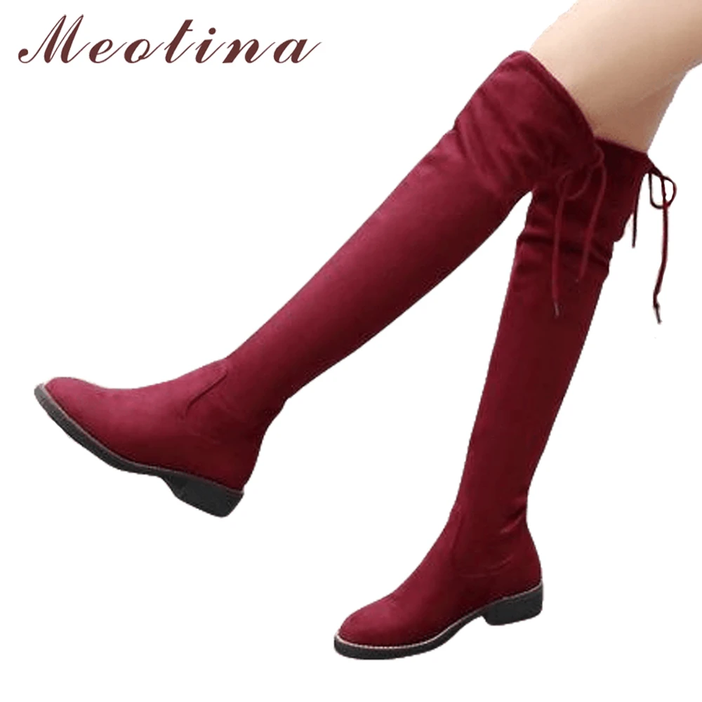 Beste Meotina Dij Hoge Laarzen Vrouwen Lage Hakken Over de Knie Laarzen 2018 Stretch Mode Laarzen Vrouwelijke Herfst Schoenen Big Size 34 43 zwart