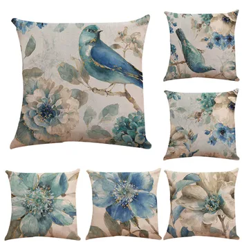 

2019 Pillow Cover Bird Flower Printed Flax European Style Mixed Cushion Cover Blue 45x45 Cojines Decorativos Para Sofa #5