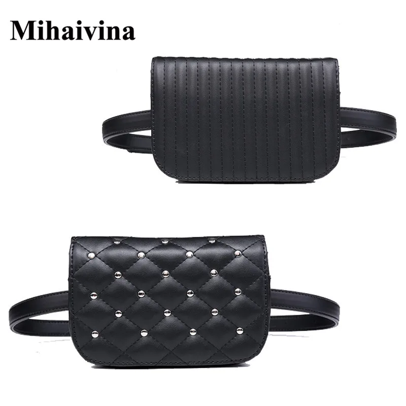 Mihaivina الأزياء الجلد الأسود حزمة مراوح المرأة الخصر حزمة عارضة صغيرة الخصر الحقيبة النساء الجلود الخصر حقيبة المسامير محفظة bolosa