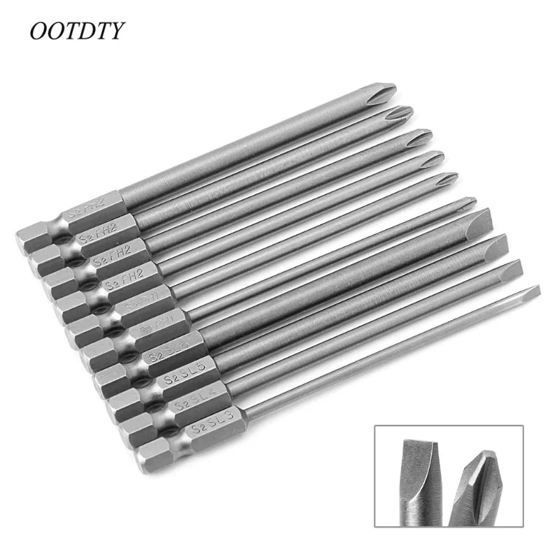 OOTDTY 10 шт. магнитные прорези PH2 отвертка бит S2 Сталь 1/4 шестигранный хвостовик 100 мм