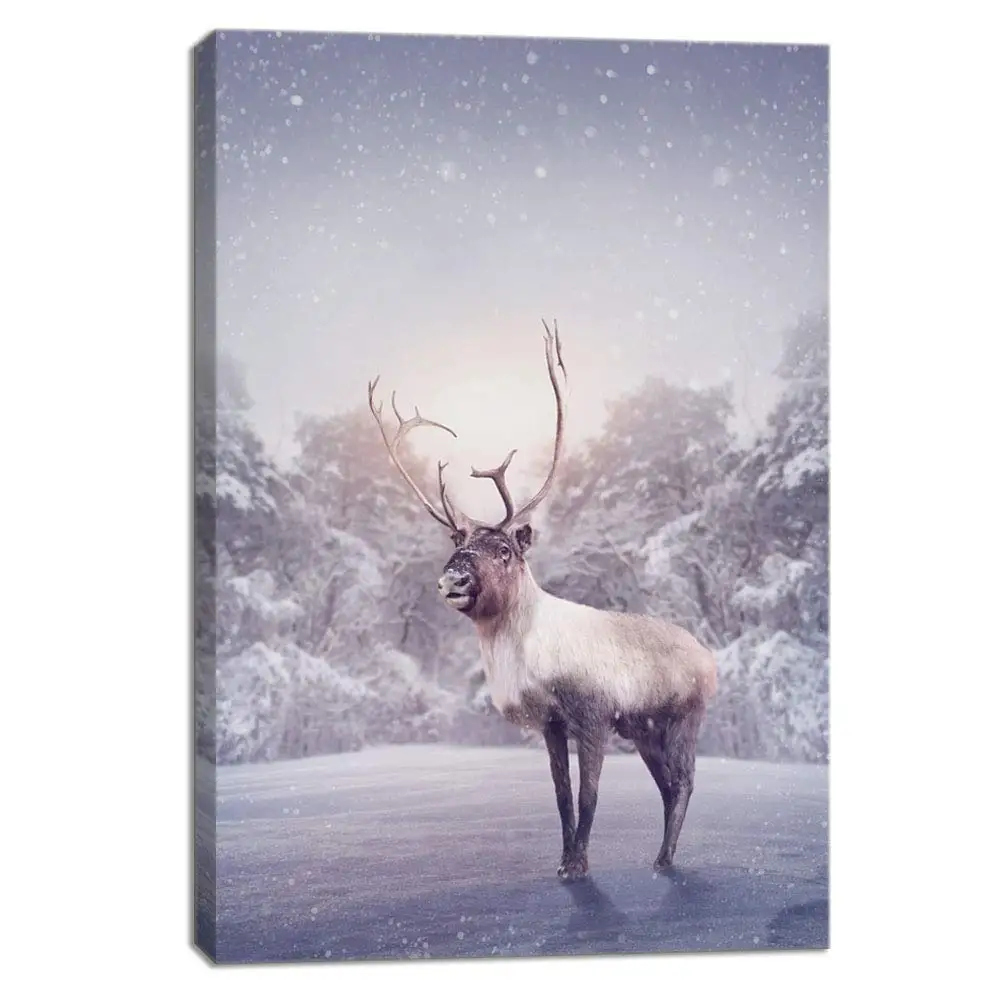 

Elk in Snow Pine Tree Landscape Prints Art Lighted Winter Snowy Painting Perfect Size for Living Room, Christmas Gifts