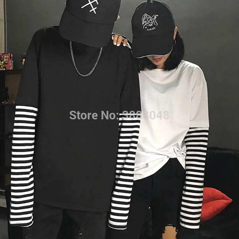 Модные футболки в Корейском стиле ulzzang Harajuku полосатая футболка с длинным рукавом