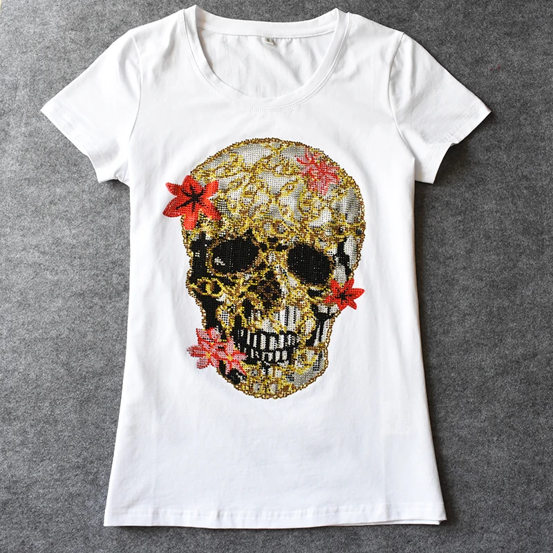 

2017 Newly Summer Womem's t shirts Shining Crytal Diamond Skull Print Fancy Design Women t-shirts High Cotton Short Sleeve TOP