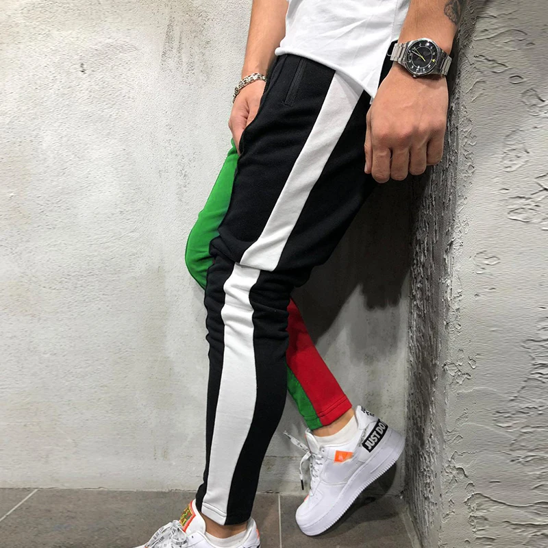 2019 мужские брюки для бега мужские повседневные тренировочные брюки тонкие фитнес Цветные Блоки Лоскутные Длинные брюки мужские