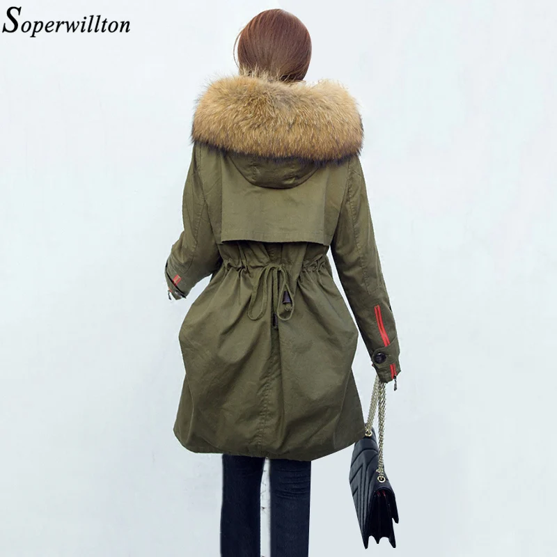 

Women Long Army Green Coat 100% Genuine Real Raccoon Large Fur Collar Parka Female Slim Thick Warm Cotton Padded Jacket Hooded