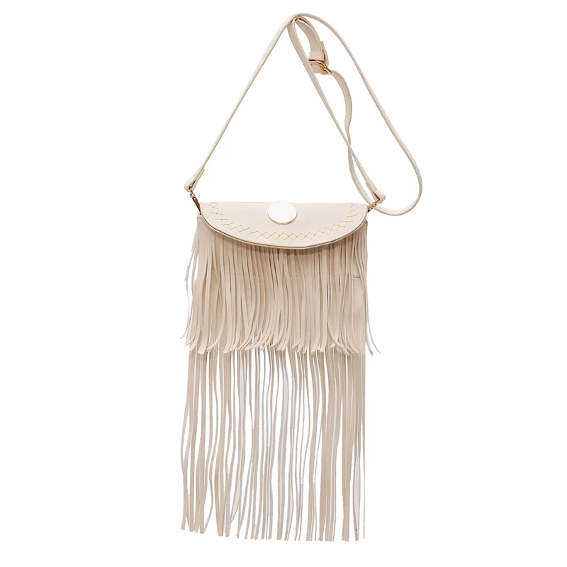 Vintage Scrub PU Leather Tassel Fringe Bag Lady Handbag Messenger Bag Messenger Bag Lady Ms. Bohemia Hippie Hobo Bag - Цвет: Белый