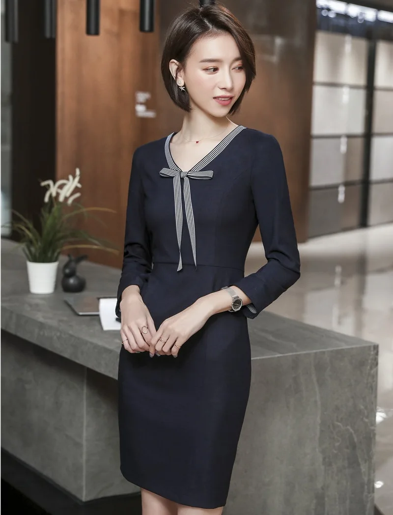 Navy Blue Высококачественная ткань сезон весна-лето стили средней длины платья Деловые женские офисные женские визуальное уменьшение бедер платье Vestidos - Цвет: Navy Blue