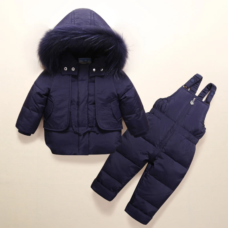 Russian Winter Kids Snowsuit Windproof Thick Warm Baby Boys Skiing Suits Duck Down Real Fur Collar Outwear Coat+Jumpsuit Pants