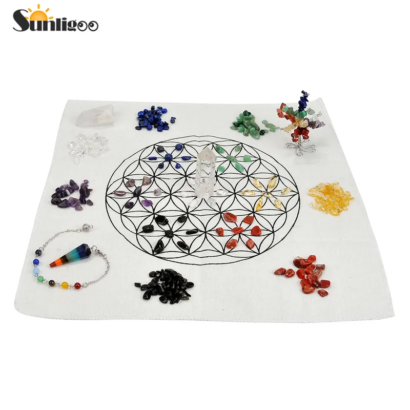 Goedkoop Sunligoo 7 Chakra Healing Crystal Grids Kit Lot van 7 Chakra Diverse Chip Edelstenen Geld Boom Slinger Hanger clear Quartz Set