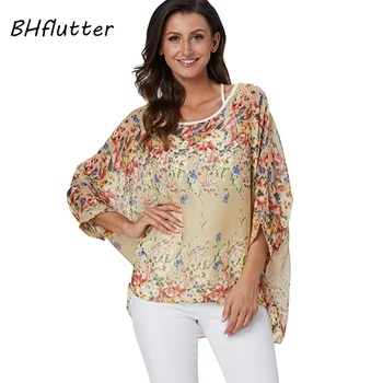 

BHflutter Plus Size Blouse for Women Fashion Floral Print Kimono Chiffon Blouses Batwing Sleeve Casual Summer Tops Tees Blusas