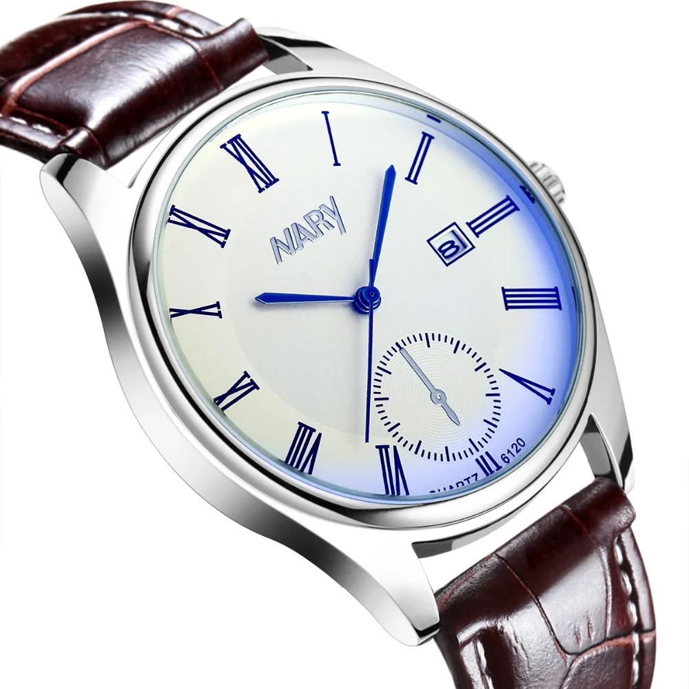 Luxury Brand Nary Men Watch Casual Mens Watches Leather Band Auto Date