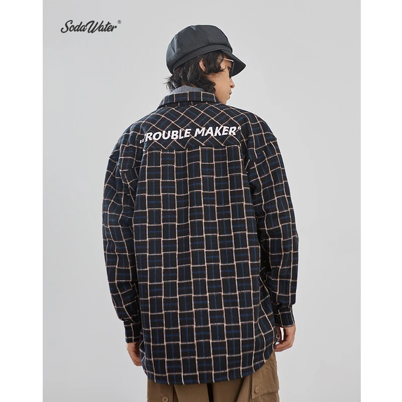 SODA WATER Men Casual Plaid Shirts Harajuku Autumn Letter Print Long Sleeve Shirt For Men Retro Loose Front Pocket Shirts 92107W