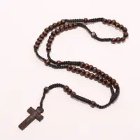 3 colors Men Women New Fashion Catholic Christ Wooden 8mm Rosary Bead Cross Pendant Woven Rope