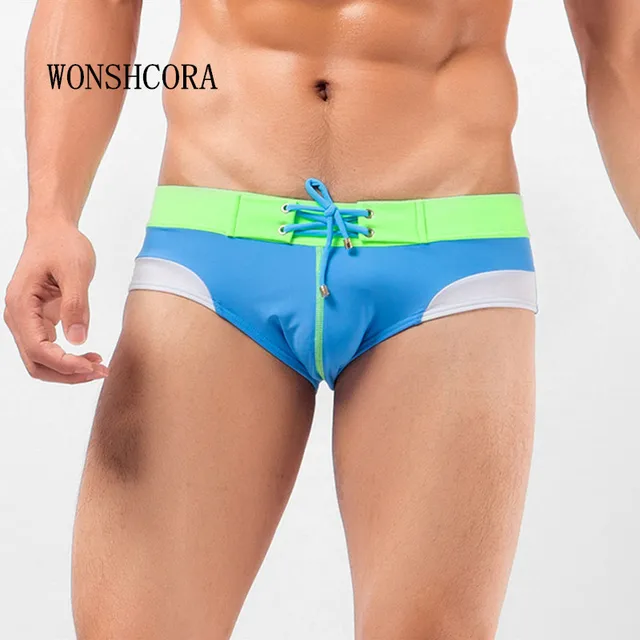 Cheap WONSHCORA Brand Mens Sexy Swim Briefs New Swimming Swim Trunks Slim Swimwear Men's Patch Ropes Trunks Bold Color Matching Design Cheap WONSHCORA Brand Mens Sexy Swim Briefs New Swimming Swim Trunks Slim Swimwear Men's Patch Ropes Trunks Bold Color Matching Design