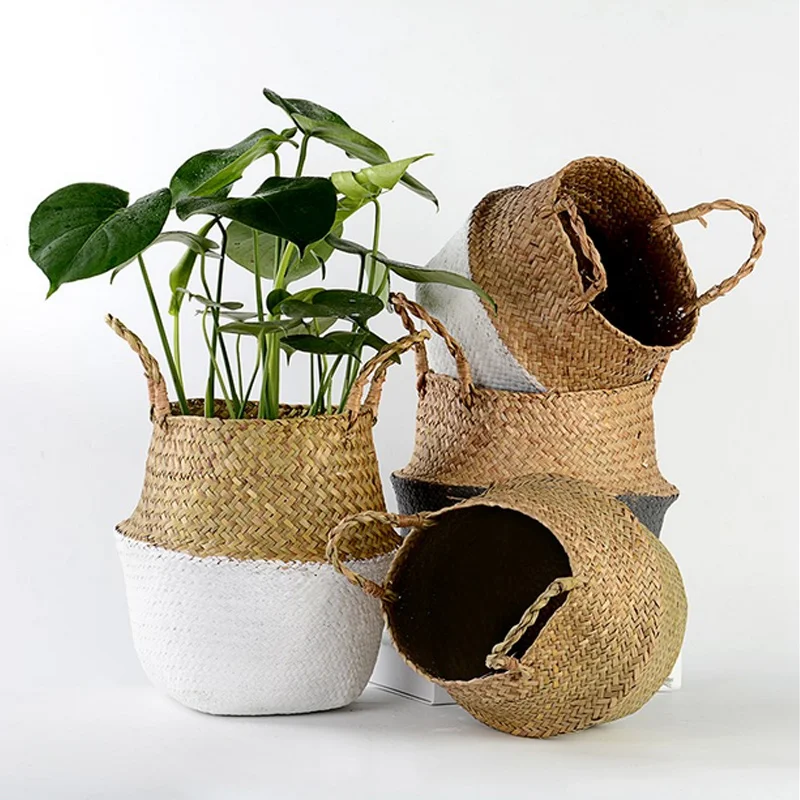 Garden Plant Flower Pot Handmade Rattan Storage Basket Foldable Seagrass Straw Hanging Woven Handle Toy Storage Container 1Pc