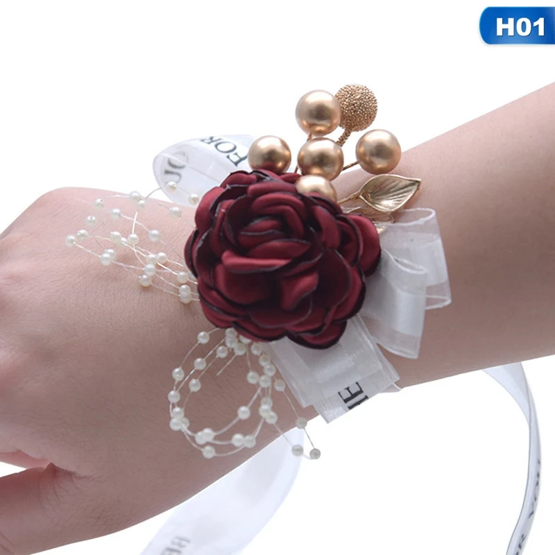 

Silk Rose Flower Groom Boutonniere Bride Wrist Corsage Man Suit Brooch Women Hand Wedding Flowers Party Decoration