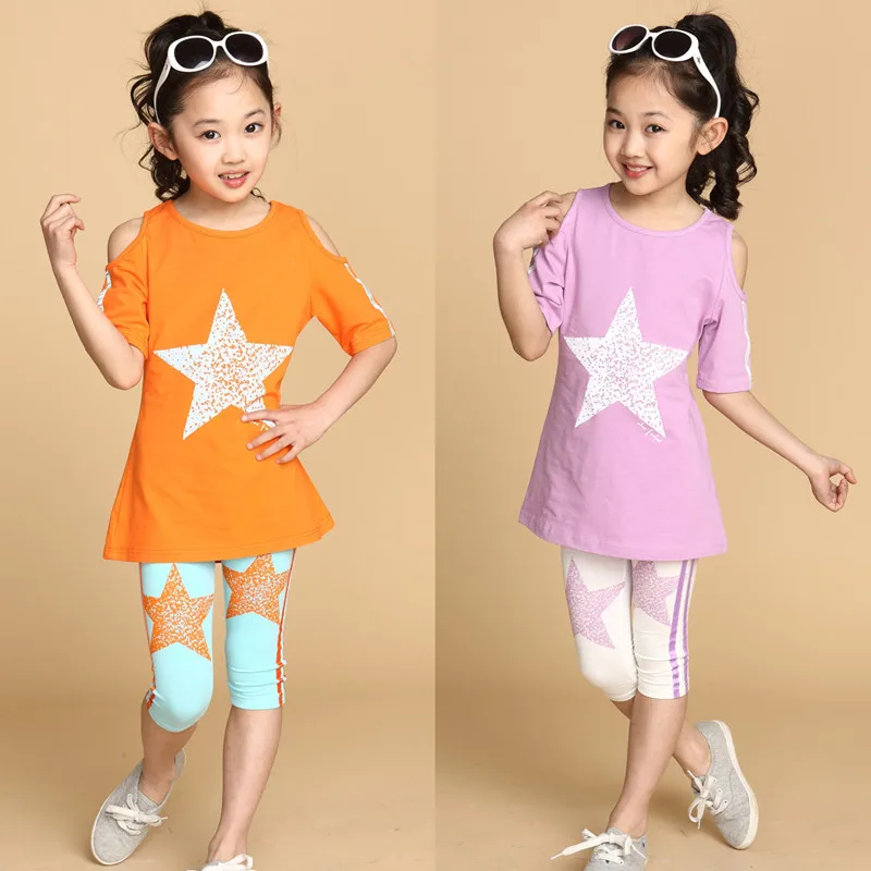 2015 New Summer Girls Dress & Leggings 2pcs Child Brand Suit Modal Star