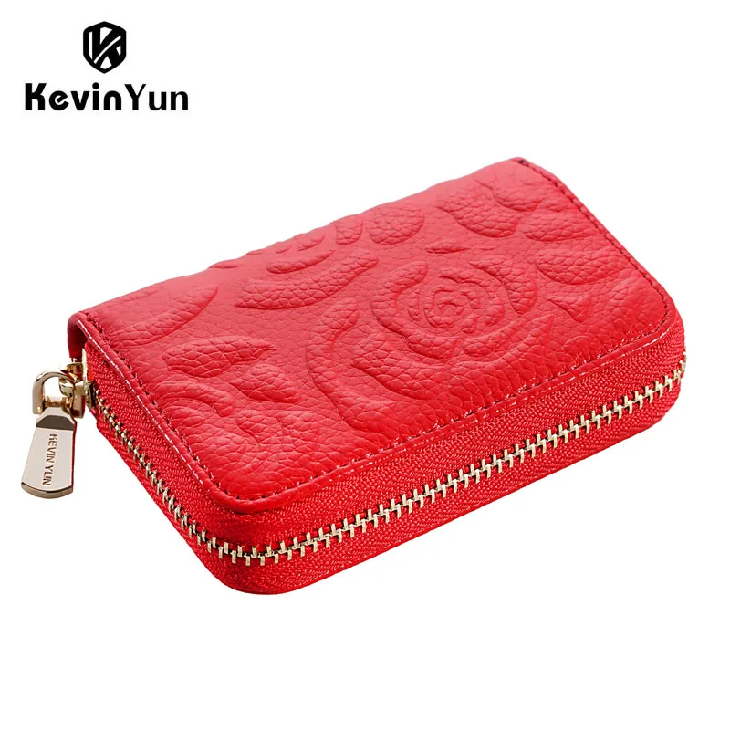 Titular do Cartão de Crédito Kevin Moda Couro Genuíno Feminino Floral Senhora Pequeno Zíper Case Cartão Carteira Yun