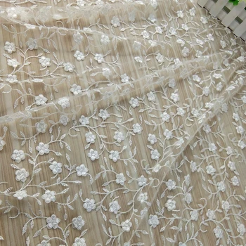

Free Shipping 2Yards Vintage Embroidered Lace Flowers Fabric With Floral White Mesh High-end Luxury Wedding Gown Lace Fabric