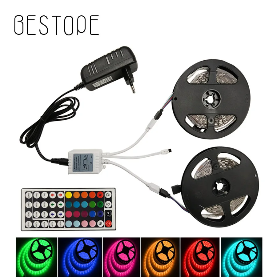 BESTOPE RGB Светодиодные ленты света SMD 5050 5 м 10 м диода светодиодный ленты RGB полосы Водонепроницаемый DC12V ленты света с контроллер и адаптер