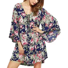 2019 Top Fashion Dress Women Floral Print Bandage Deep V-Neck Flare Sleeve Dress Casual Loose Short Mini dress women 2019 Top Fashion Dress Women Floral Print Bandage Deep V-Neck Flare Sleeve Dress Casual Loose Short Mini dress women
