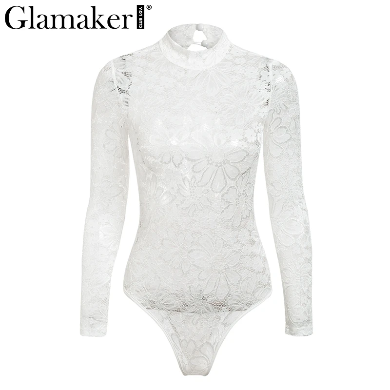 Glamaker Transparent white lace bodysuit women Mesh long sleeve summer sexy bodysuit Female floral turtleneck bodycon bodysuit