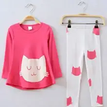 Комплект одежды для девочек симпатичная одежда с изображением кота для девочек-дошкольниц комплект для маленьких девочек дешевая детская одежда