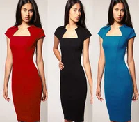 2013 Wholesale Price Women Elegant Noble Temperament Square Collar Vintage Knee-Length Pencil Bodycon Dress.(Good Quality) S-XL
