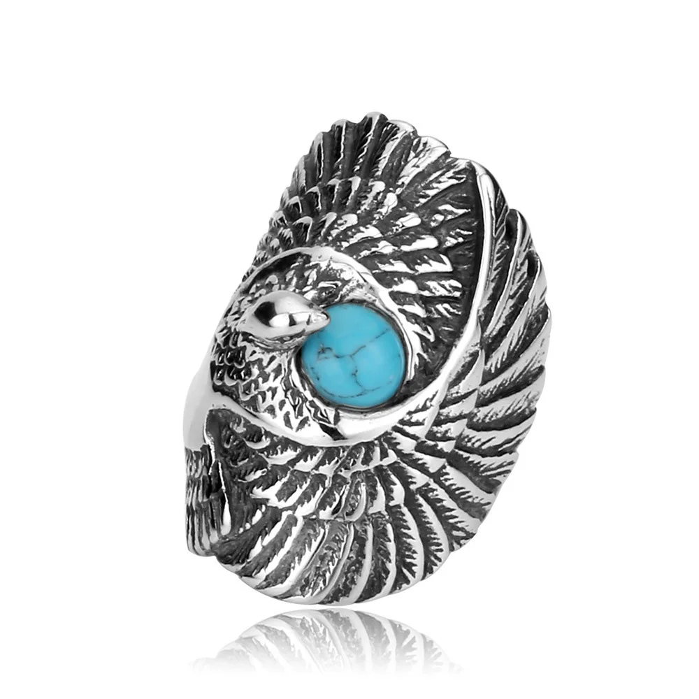 

Punk Vintage Style Turquoises Eagle Hawk Ring Never Fade Stainless Steel Unique Biker Antique Rings High Quality Party Jewelry