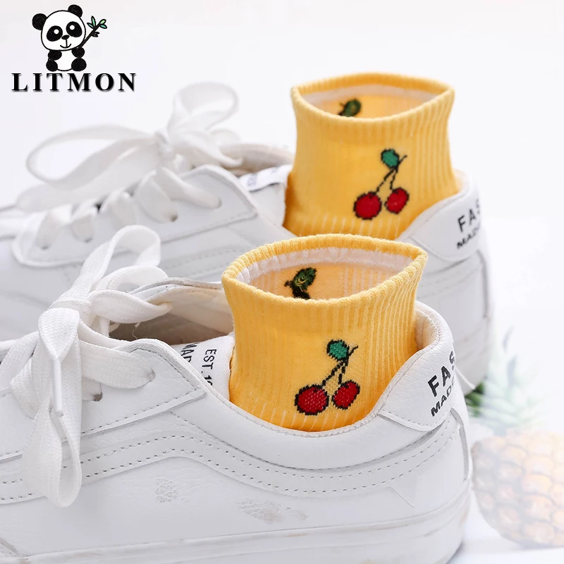 Litmon милые носки женские хлопковые фрукты Cherry однотонные 3D принт лодыжки для