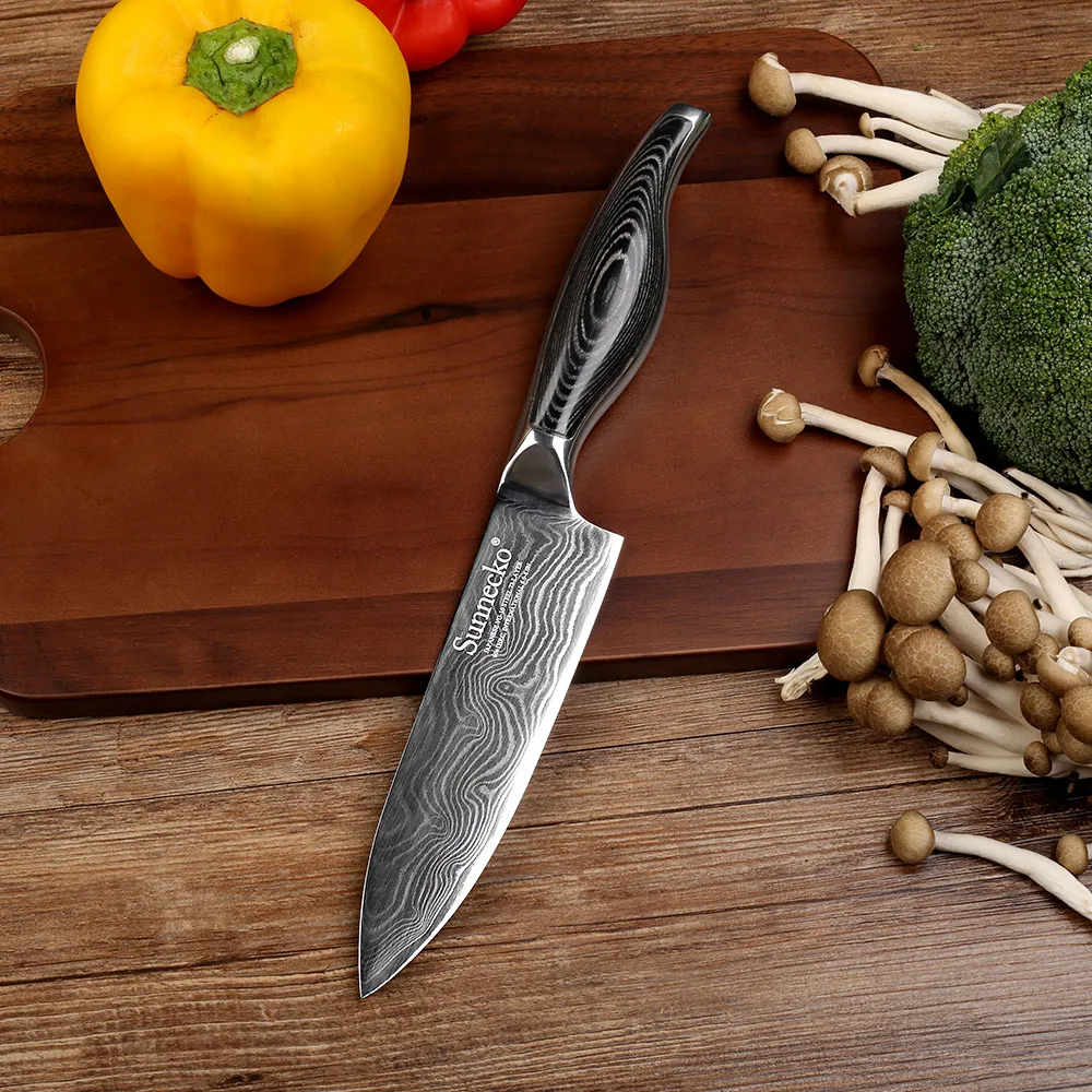 SUNNECKO 2 шт. Кухня Набор ножей 5 ''Santoku 6'' повар Ножи Дамаск японский VG10 Сталь лезвие Pakka Деревянная ручка мясник