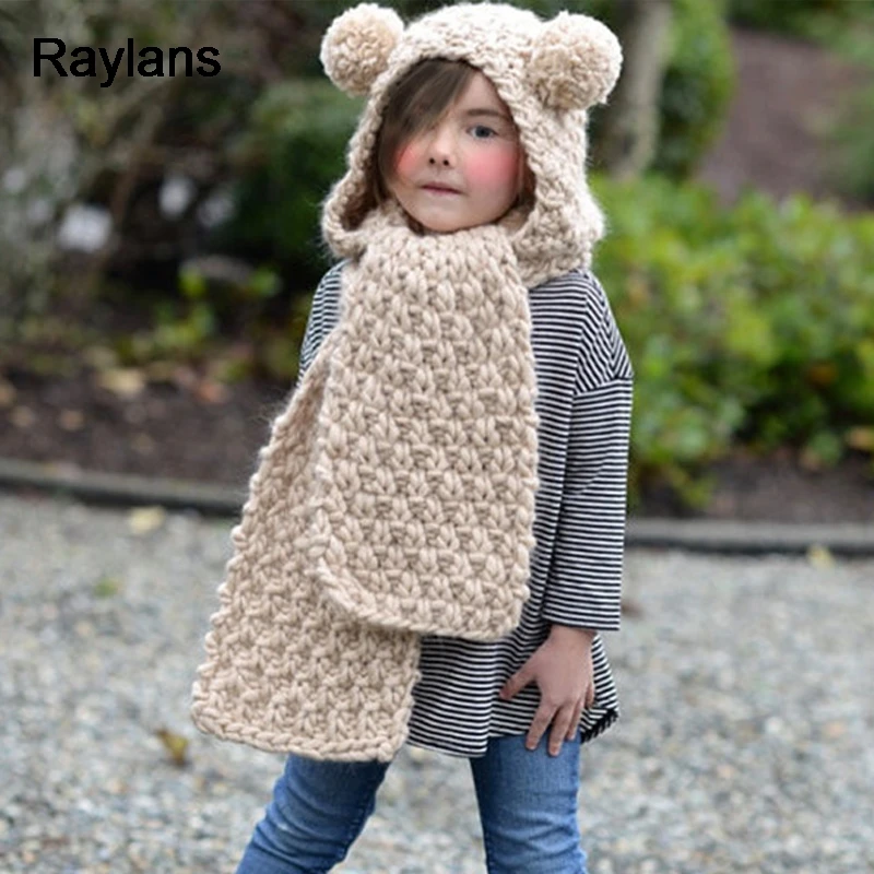 Raylans Kids Child Hat Winter Warm Knitted Crochet Hood Pompom Cap Cover Scarf |