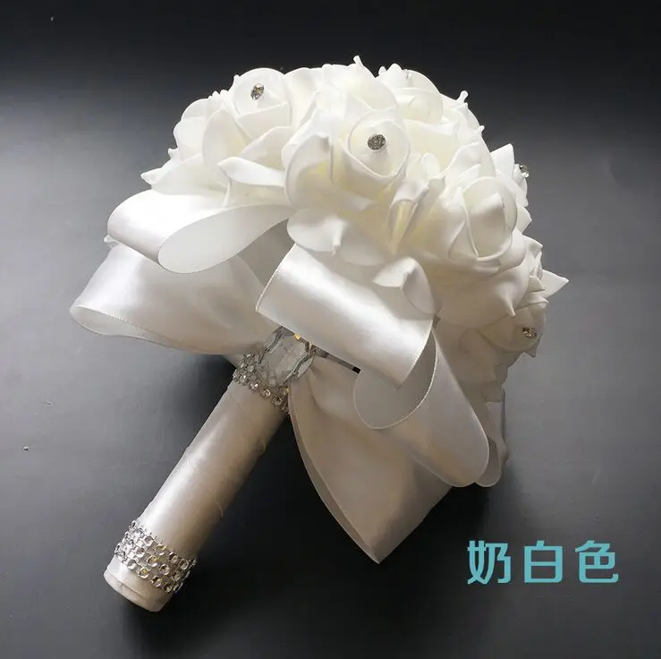 ivory ribbon Супер предложение~ Блестящий CZ Алмазный украшенный Clssic кремовые розы с многоцветной лентой Ручка Свадебный бросок букет 1185 - Цвет: ivory ribbon
