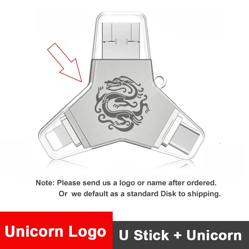 U016-Silver-Dragon 4 в 1 флеш-накопитель ручка-накопитель 64 Гб usb 3,0 128 ГБ металлическая Флешка Тип C Memoria usb DIY логотип DJ otg 32 ГБ для iphone и ПК - Цвет: U016-Silver-Dragon
