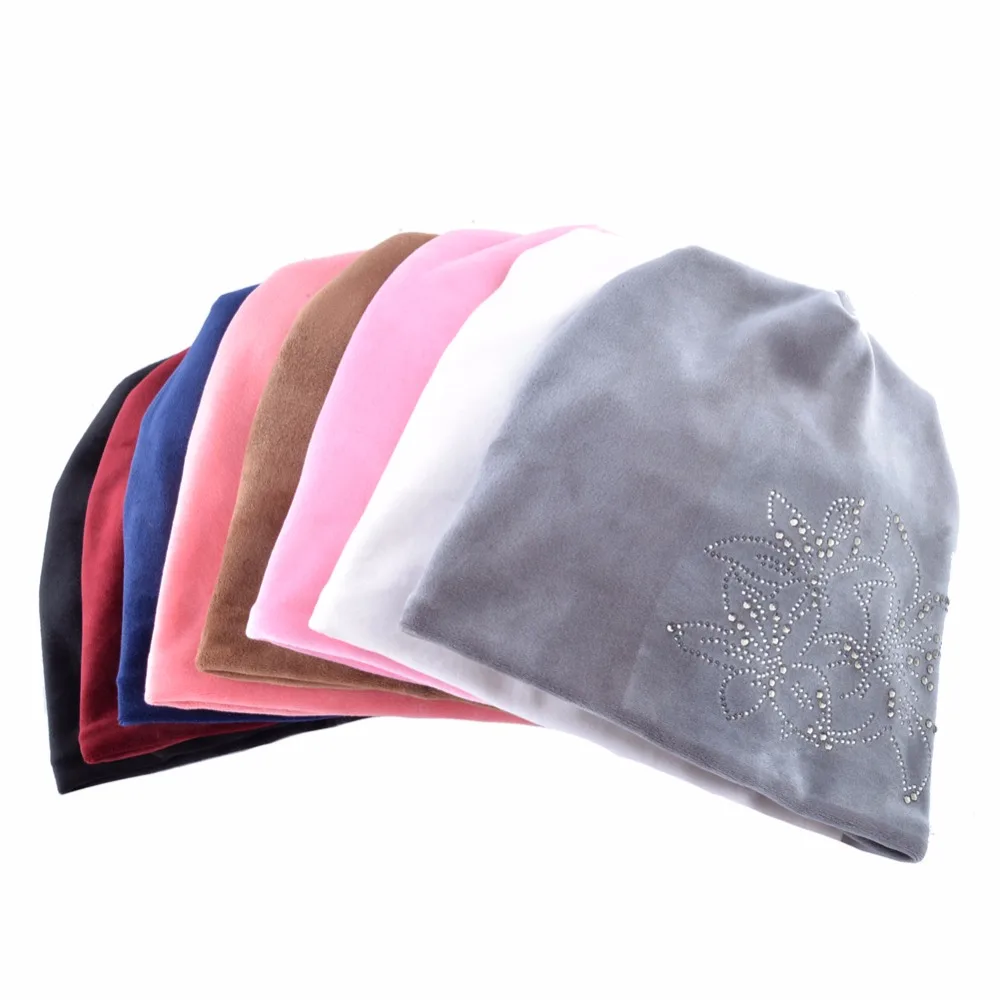 TQMSMY Brand Women's Beanie Lily Flower Rhinestones Hat Women Shine Velvet Kintted Skullies Cap Female Beanie Beanies Cap TMDH59 2