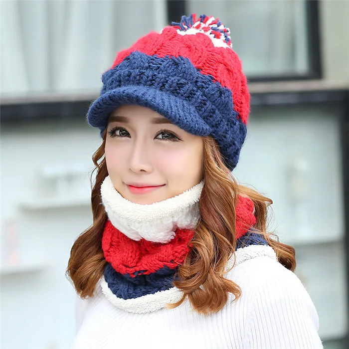 Navy hat scarf set Осенне-зимняя Дамская обувь шапка и шарф комплекты трикотажные утолщение Кепки воротник устанавливает студентов теплая шапка для девочек трикотажные шапочки - Цвет: Navy hat scarf set