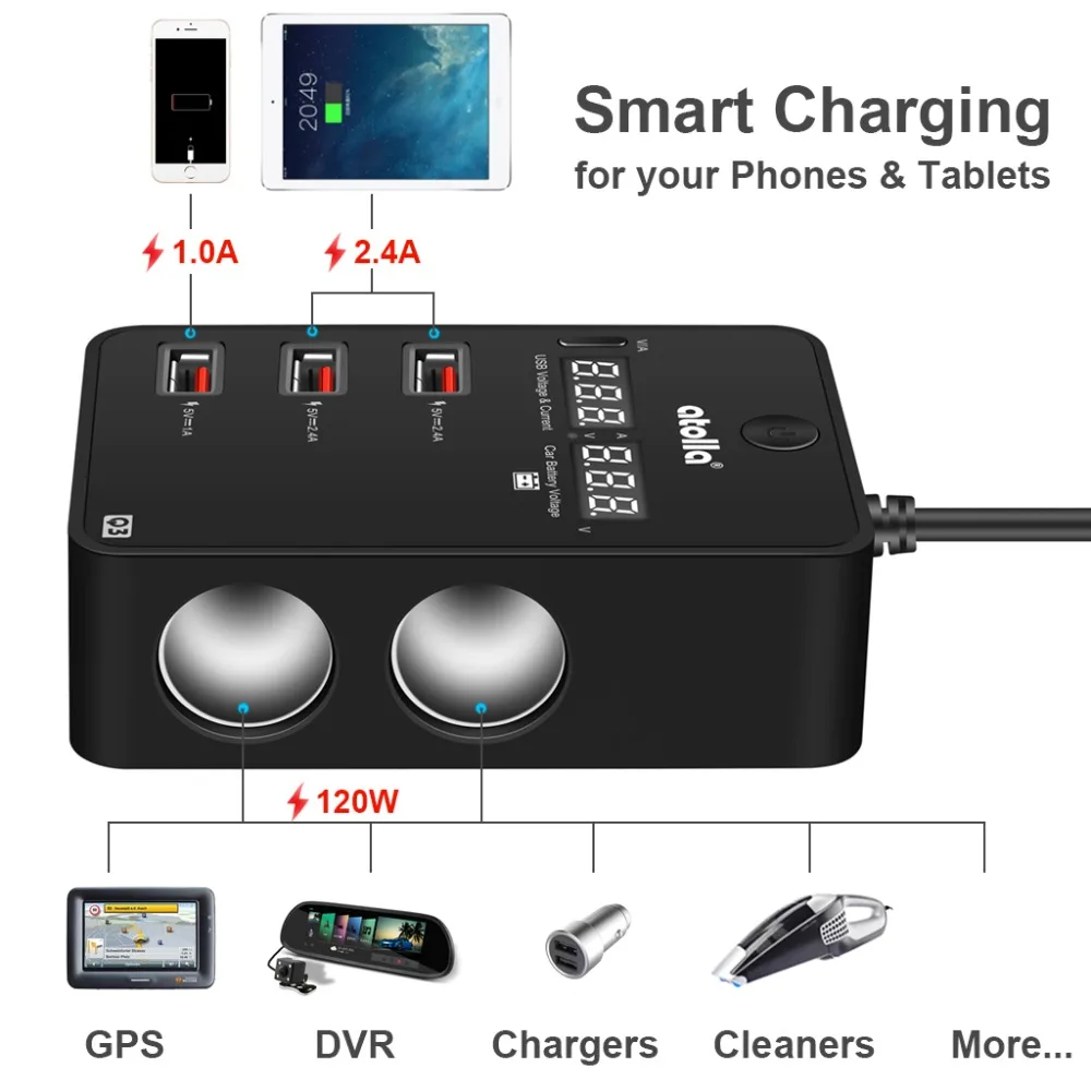 Atolla usb 30 hub Splitter cargador de coche 120W 12 V/24 V mechero de coche a 3 adaptador de carga