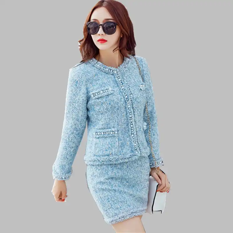 Blue Tweed Jacket + Pencil Skirt Suit 